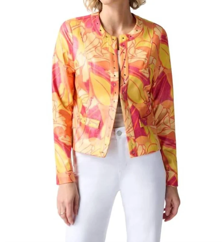 Stock Clearance Tropical Print Faux Leather Jacket In Orange Tropical