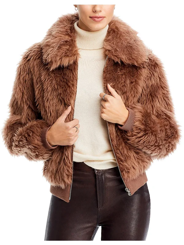 Holiday Sale Womens Faux Fur Long Sleeves Bomber Jacket