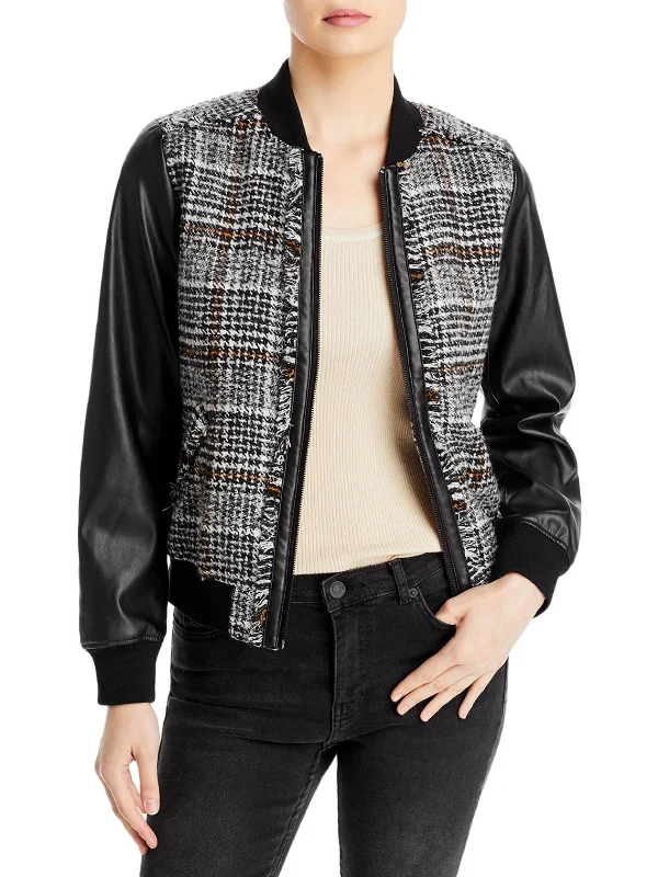 Bonus Savings Womens Tweed Faux Leather Bomber Jacket
