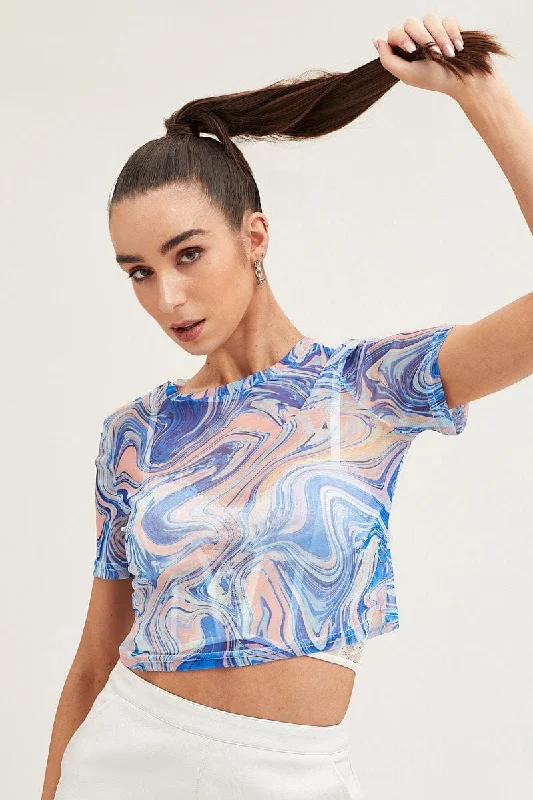 Exclusive Savings Abstract Print Mesh Short Sleeve Crop Top