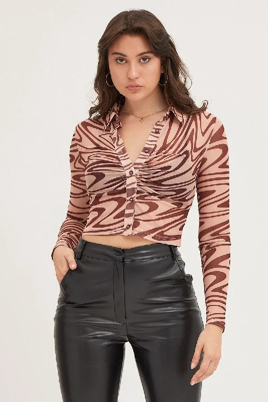 Bonus Savings Abstract Print Top Long Sleeve Mesh