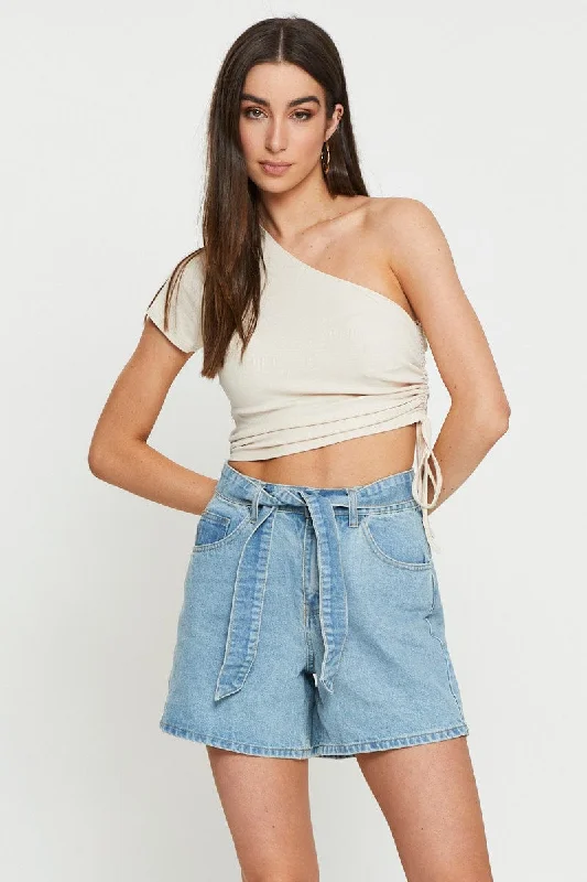 Best Seller Beige Crop Top One Shoulder