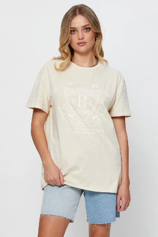 Early Bird Discount Beige Graphic T Shirt Short Sleeve