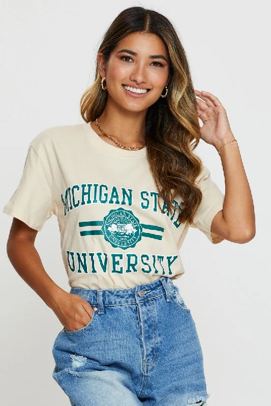 Savings Bonanza Beige Graphic T Shirt Short Sleeve