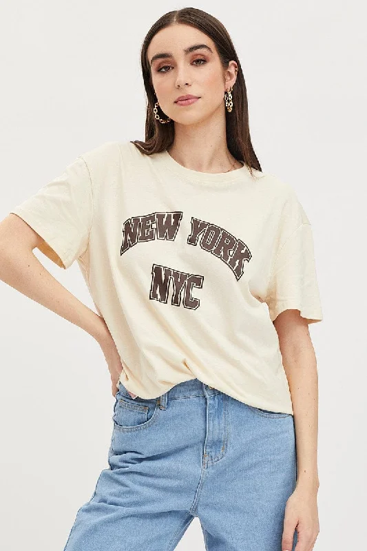 Final Clearance Beige Graphic T Shirt Short Sleeve