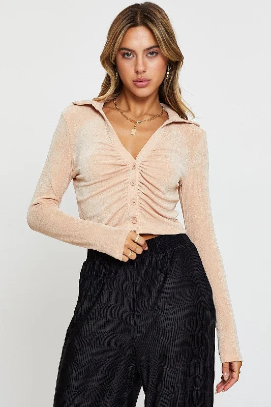 Major Savings Beige Jersey Shirt Long Sleeve Ruche