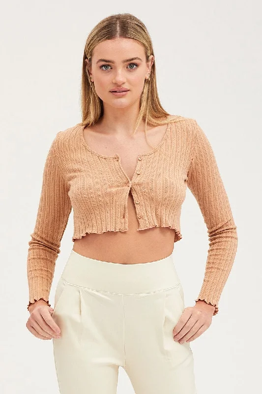 Super Sale Beige Rib Top Long Sleeve