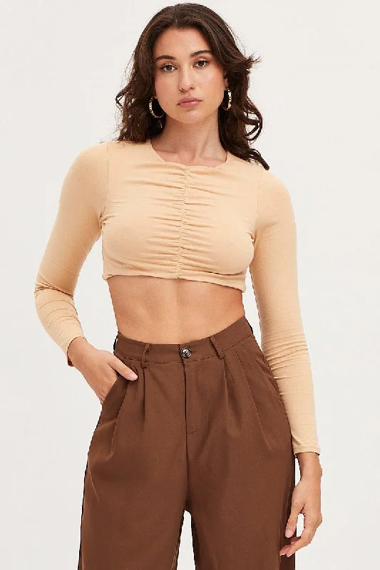 YEAR-End Clearance Beige Ruched Crop Top Long Sleeve