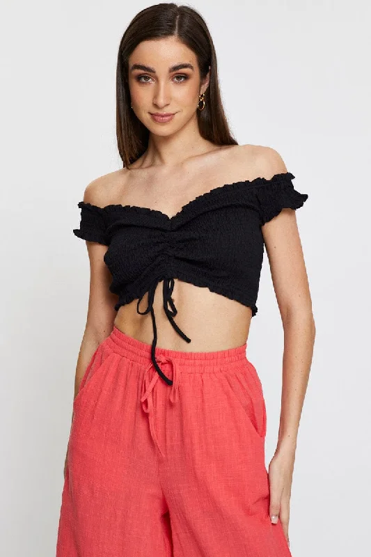 Act Fast Black Bardot Top Ruche