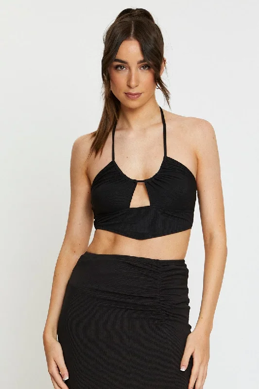 Year-End Sale Black Cut Out Crop Top Halter Neck