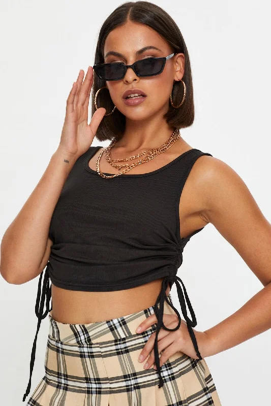 Quick Sale Black Ruched Drawstring Scoop Neck Top