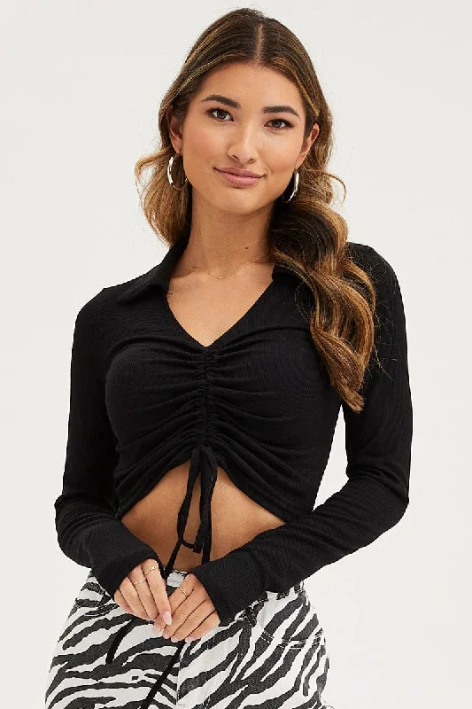 Can't Be Beat Black Ruched Top Long Sleeve