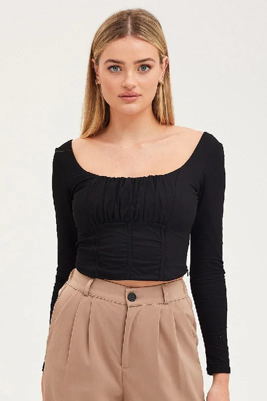 Overstock Sale Black Top Long Sleeve Gathered Bust