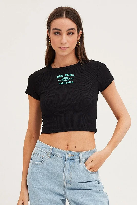 Limited Time Black Top Short Sleeve Embroided