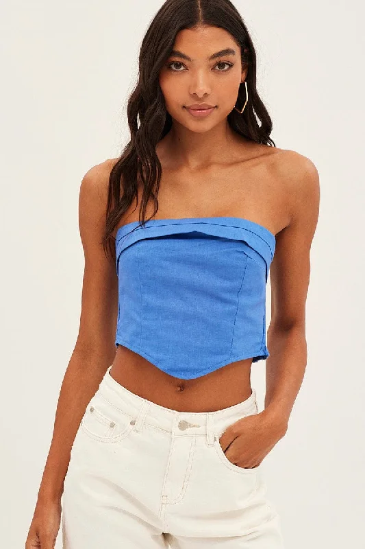 Blue Corset Bandeau Top Strapless Crop Shirred Back