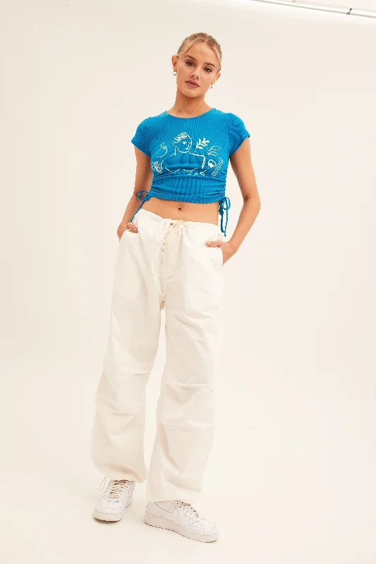 Value Deals Blue Crop Top Short Sleeve Crew Neck Ruched Rib