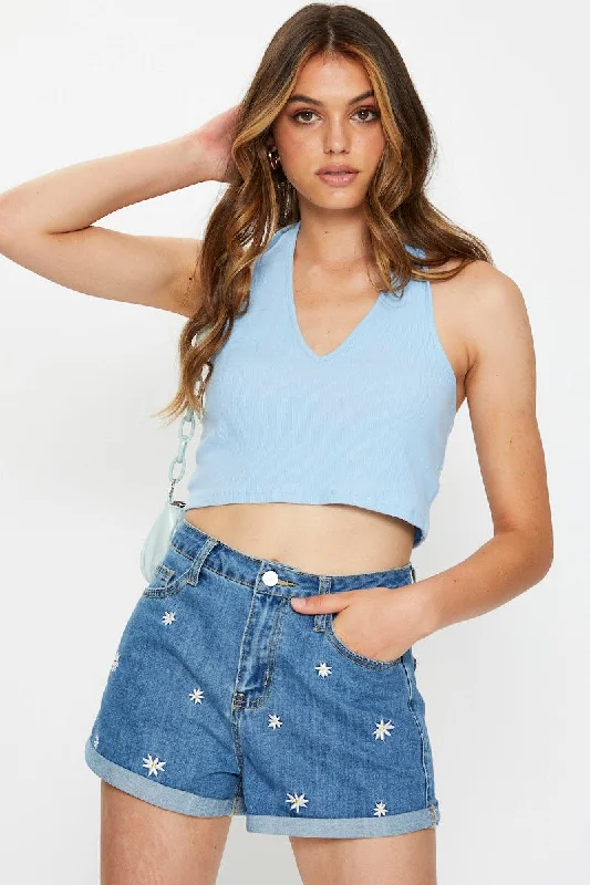 Blue Ribbed Halter Neck Top