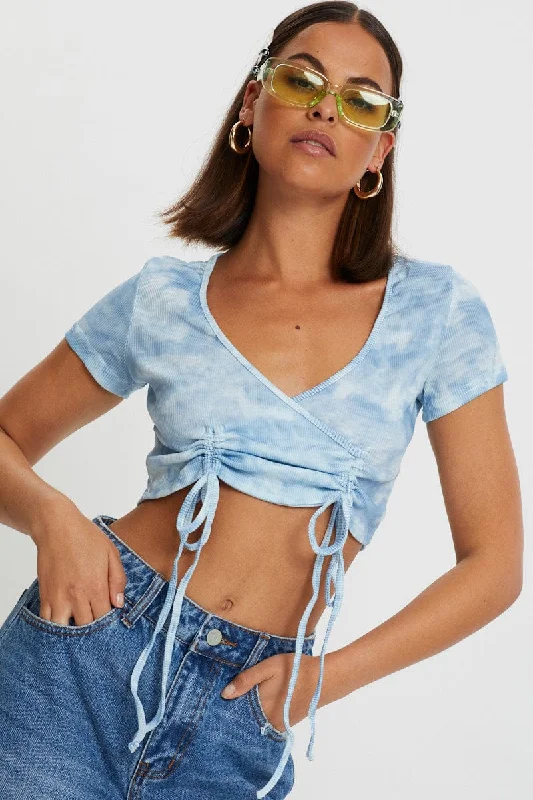 Stock Clearance Blue Tie Dye Drawstring Ruched Top