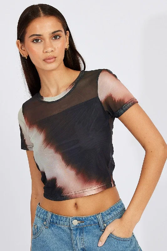 Brown Abstract Top Short Sleeve