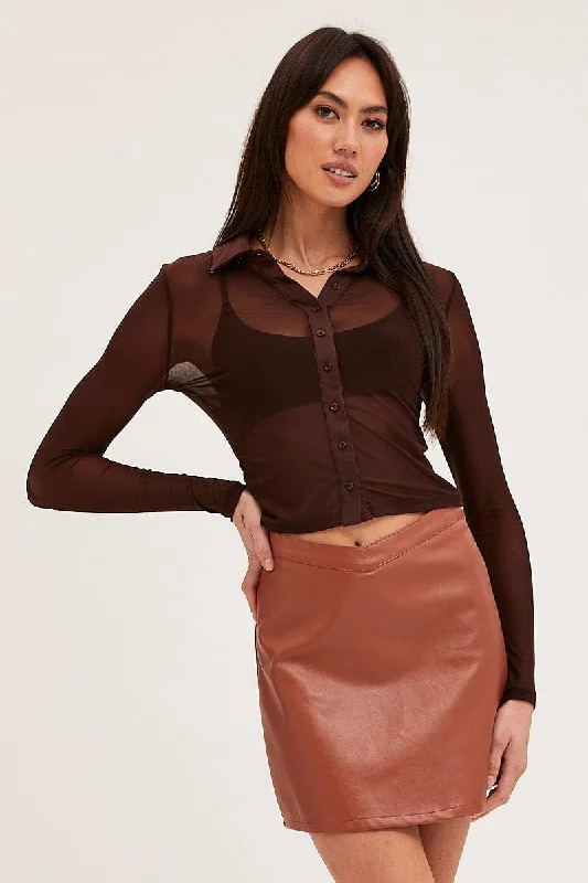 Great Bargains Brown Button Front Top Long Sleeve Mesh