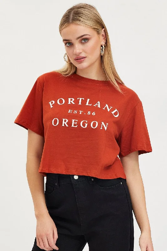 Huge Discounts Brown Graphic T Shirt Short Sleeve Crop