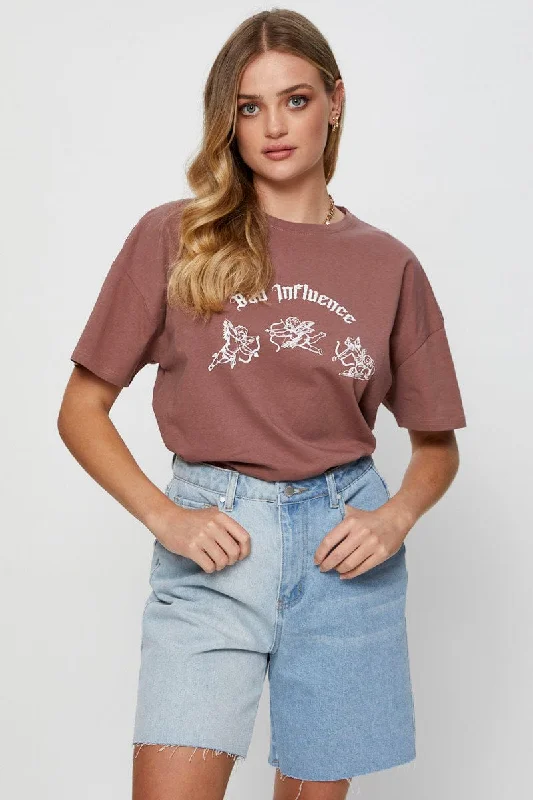 Exclusive Savings Brown Graphic T Shirt Short Sleeve Crop