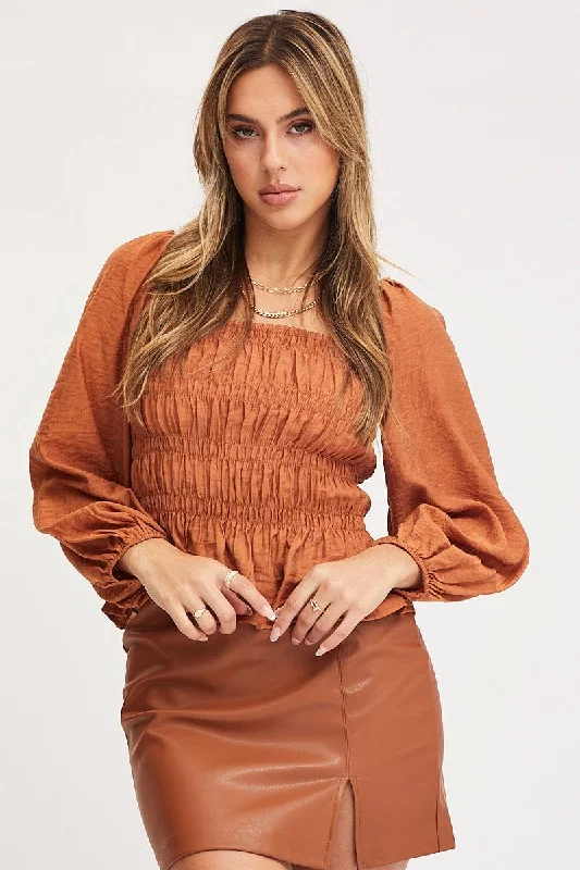 Brown Peplum Top Long Sleeve