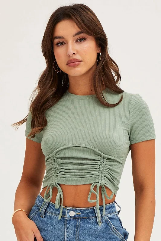 Early Access Green Bust Detail Top Short Sleeve Ruche