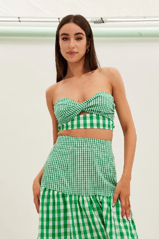 Green Check Bandeau Twist Front Sleeveless Crop