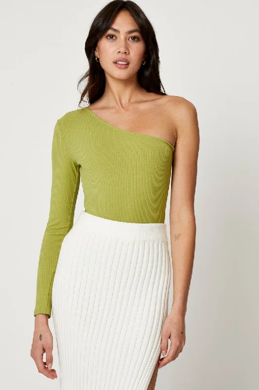 Year-End Sale Green One Shoulder Ribbed Top