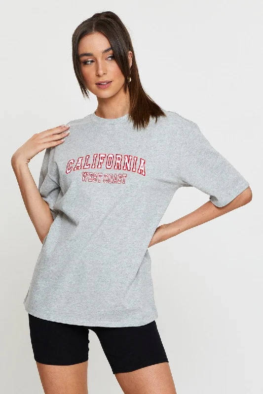 Daily Deals Grey Graphic T Shirt Short Sleeve Embroided