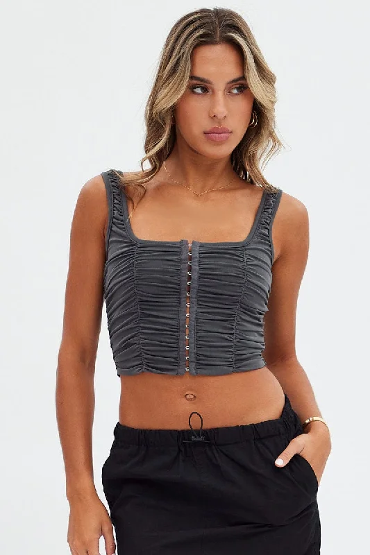 Grey Lace Up Top Sleeveless Mesh