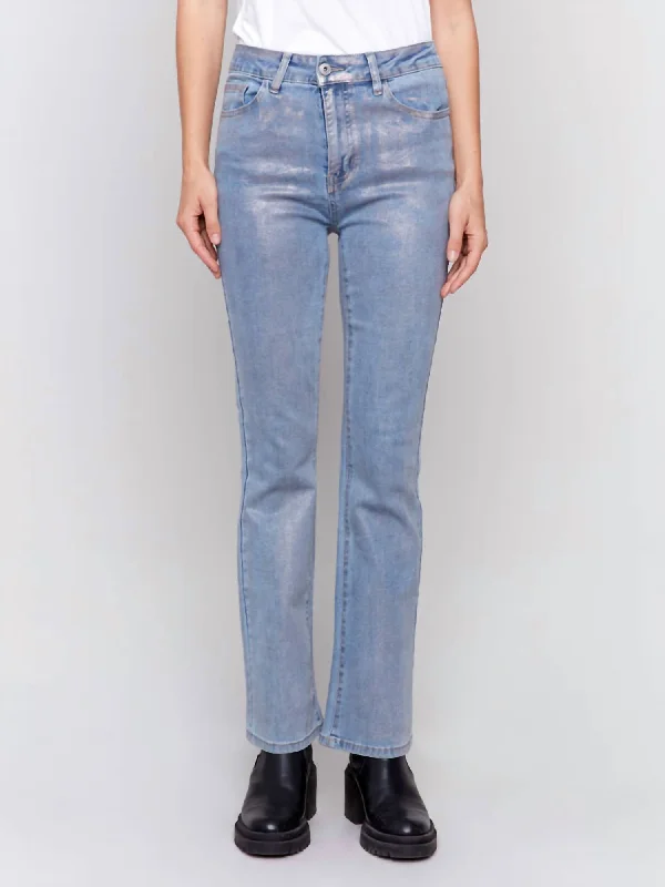 Let Me Shine Shimmer Bootcut Jeans In Silver Blue