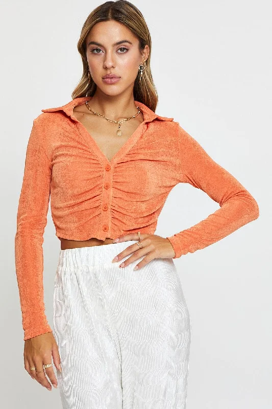Low Prices Orange Jersey Shirt Long Sleeve Ruche