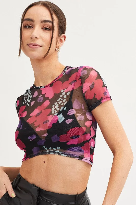 Pink Abstract Floral Print Mesh Short Sleeve Top