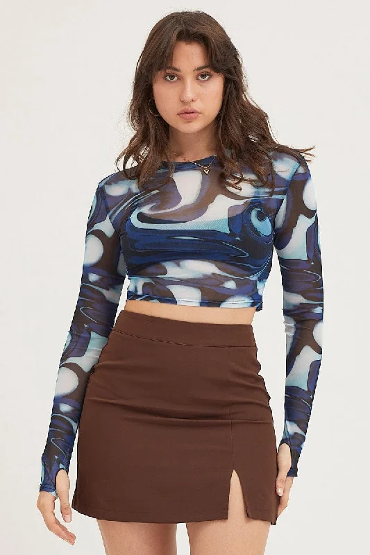 Overstock Print Long Sleeve Mesh Top