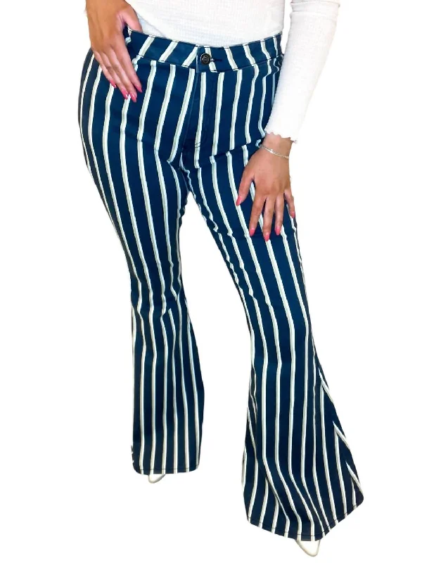 Deal Dash Stripe Flare Jeans In White & Green Pinstripe