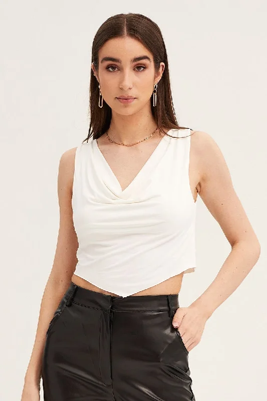 Don't Wait White Dip Hem Cowl Neck Top