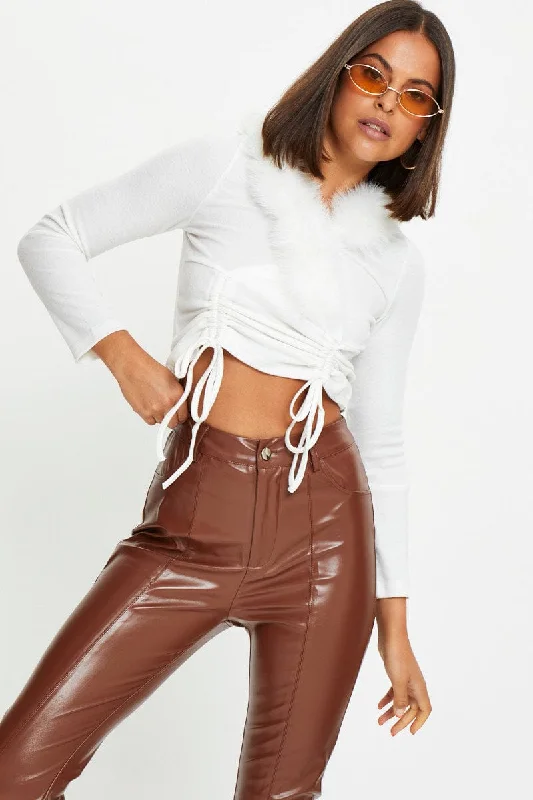 Weekend Deal White Fur Trim Drawstring Top