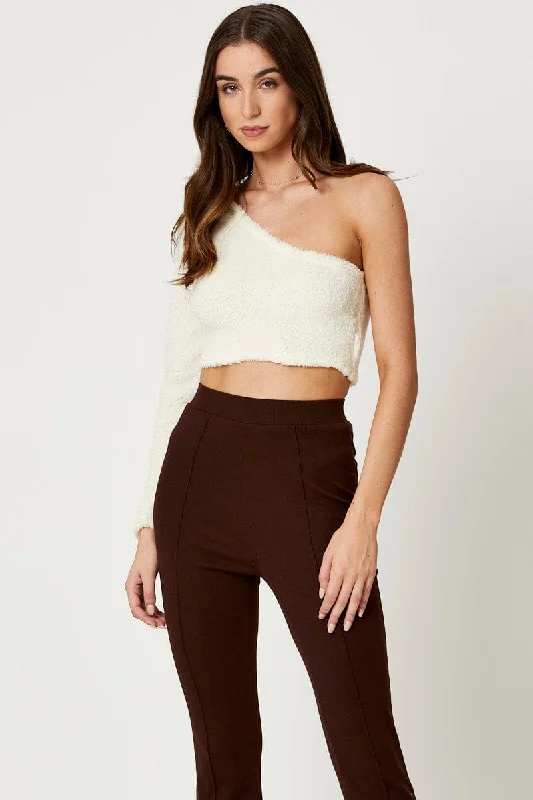 New Arrival White One Shoulder Fluffy Knit Top