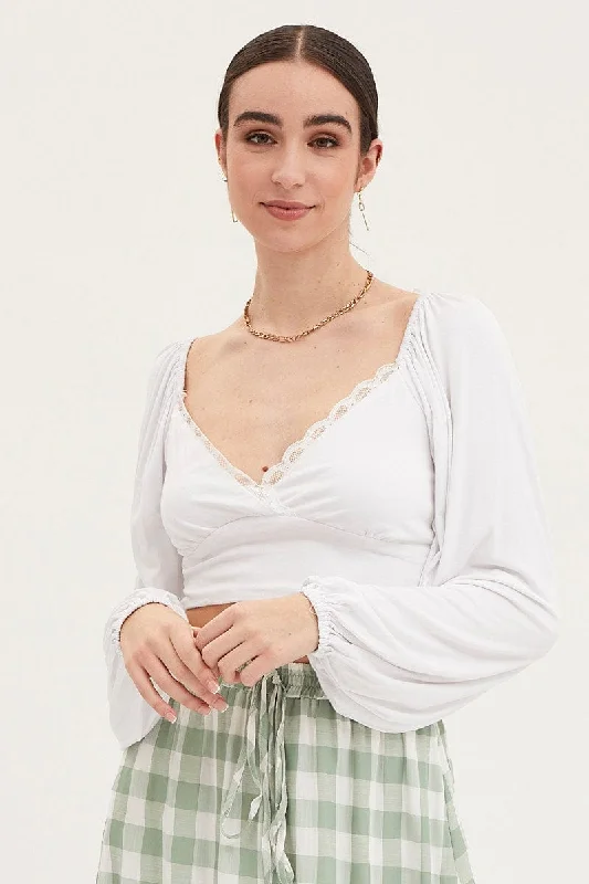 Daily Specials White Top Long Sleeve Lace Trim