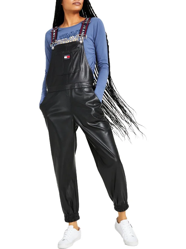 Bargain Bin Womens Faux Leather Jogger Overalls