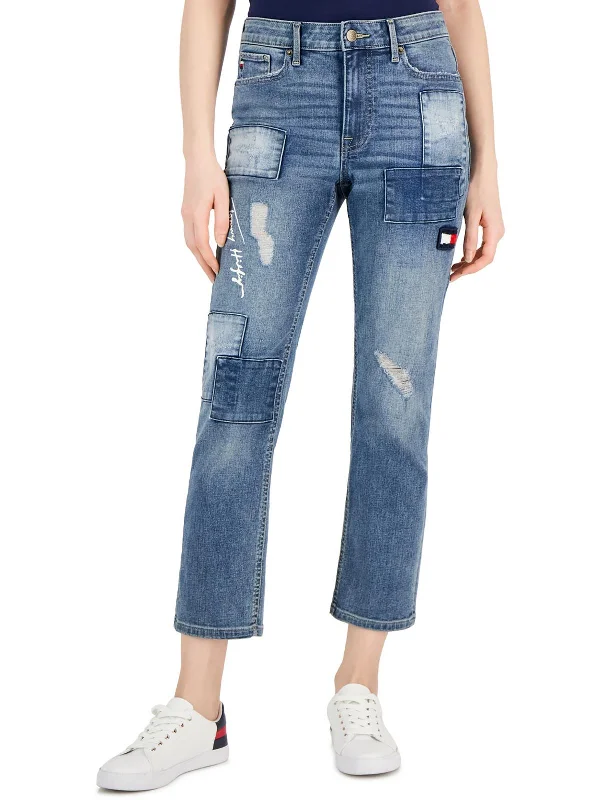 Quick Sale Womens Patchwork Distressed Ankle Jeans