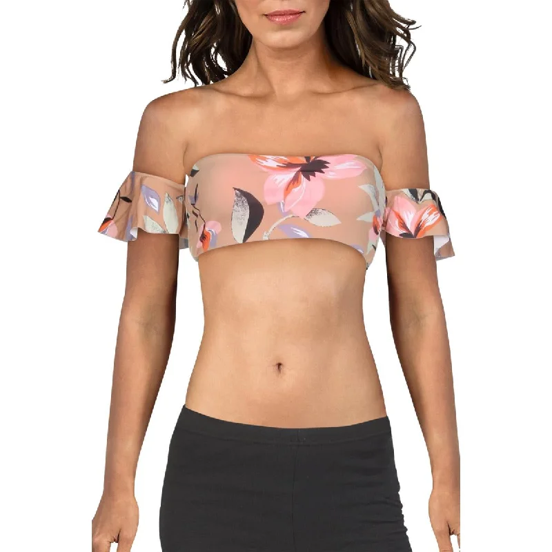 Extra Savings Bikini Lab Women's Ruffled Floral Print Off The Shoulder Bandeau Bikini Swim Top