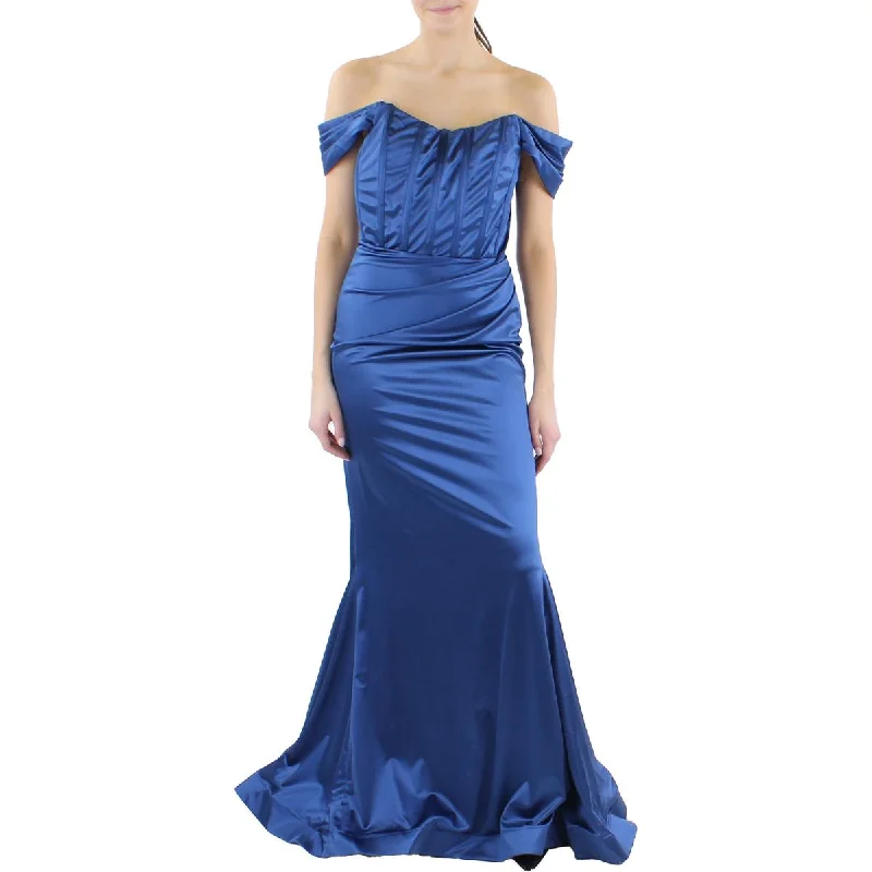 Dear Moon Womens Juniors Satin Off-The-Shoulder Evening Dress