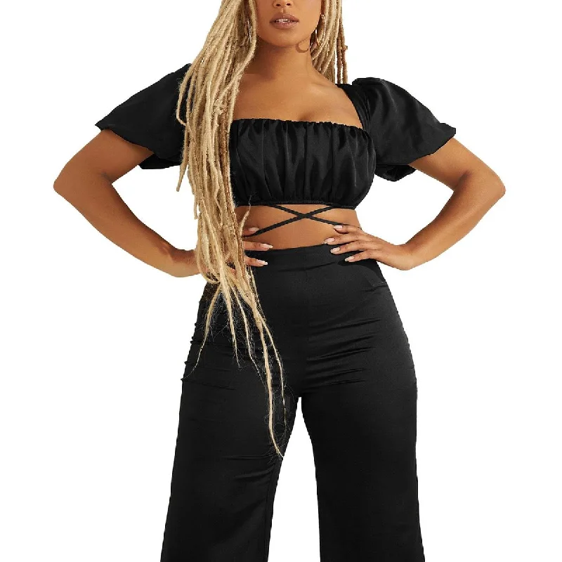 One-DAY Sale Guess Womens Satin Puff Sleeve Cropped