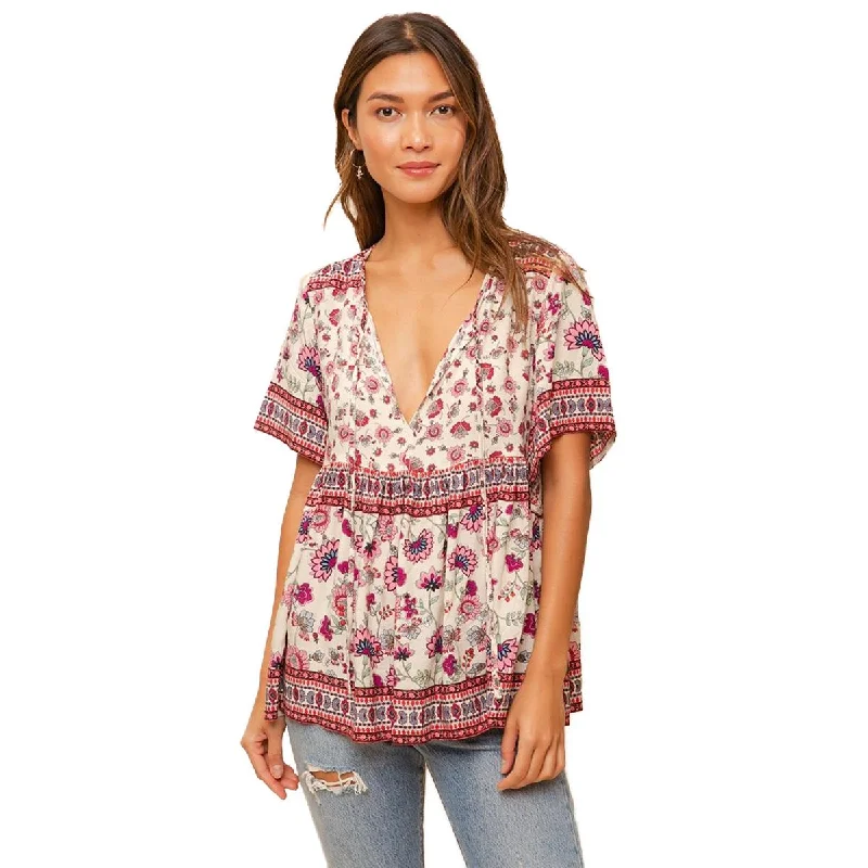 Don't Wait RAGA Hiroka Women's Printed Short Sleeve Tie Neck Flounce Top