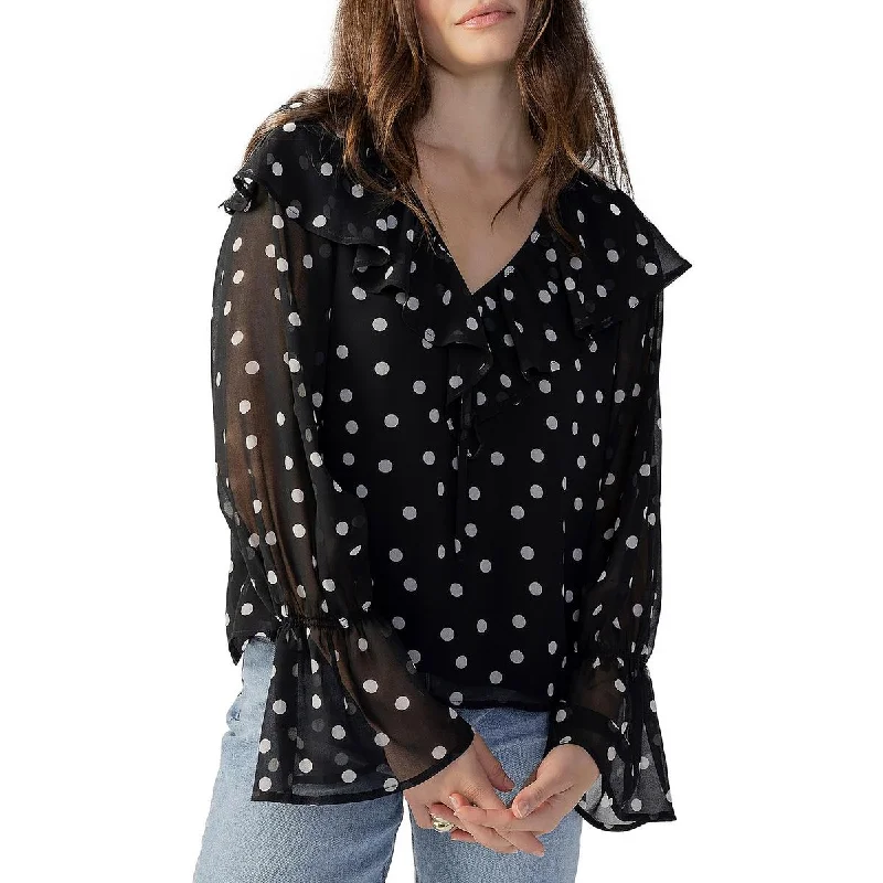 Sanctuary Womens Polka Dot Ruffle Neck Blouse