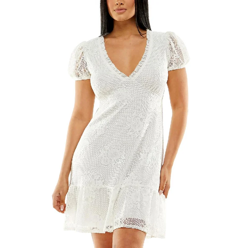 Anniversary Sale Speechless Womens Juniors Lace Puff Sleeves Fit & Flare Dress