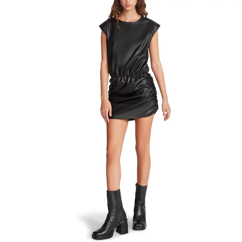 Best Bargains Steve Madden Muscle Women's Vegan Leather Ruched Drop Waist Mini Dress